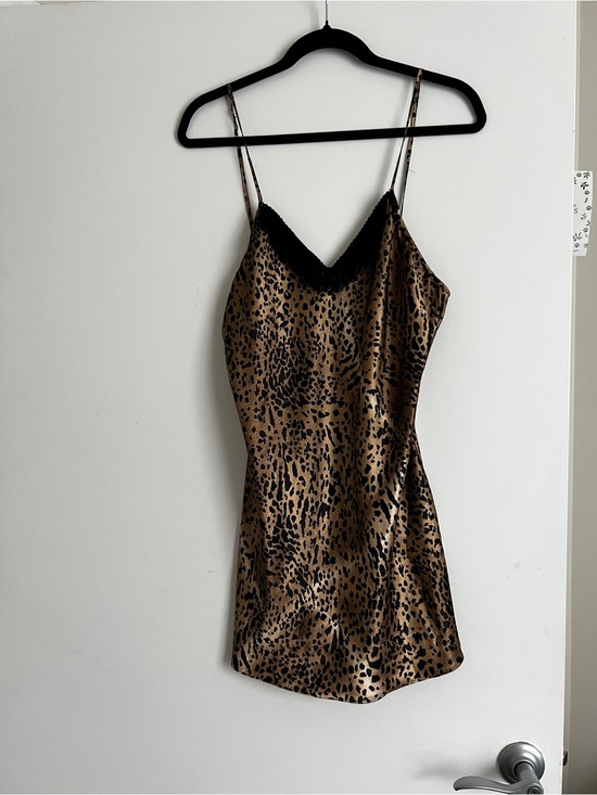 Val Mode Other - Leopard Print Satin Chemise Slip with Black Lace Trim